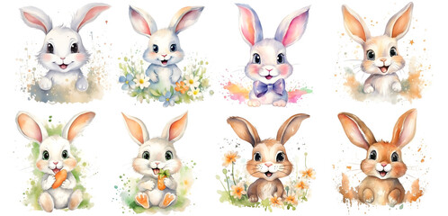 set of cute rabbits with flowers, isolated on Background, PNG, generated ai
