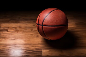 Obraz premium a basketball ball is sitting on a wooden floor, created by Generative AI