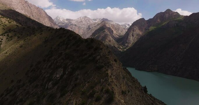 Turquoise Lake Iskanderkul In Tajikistan - aerial drone shot