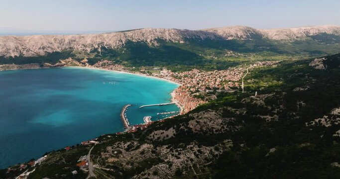 Coastal Town Of Baska On The Island Of Krk In Croatia. wide aerial