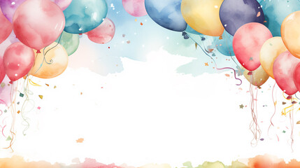 Artistry in celebration Charming watercolor birthday border design with balloons, presents, confetti, and cakes