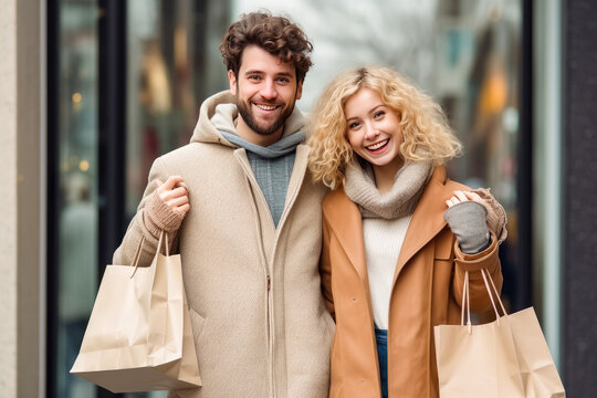 Happy young couple with shopper bag in the street after shopping , Couple holding hands when walking in mall , Created with Generative Ai Technology