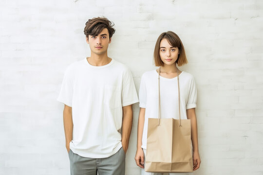 Happy young couple with shopper bag in the street after shopping , Couple holding hands when walking in mall , Created with Generative Ai Technology