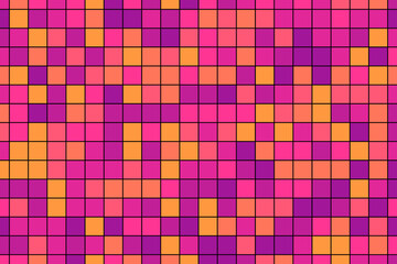 Colorful square pixel tiles seamless pattern background, vector illustration. Orange, pink, and purple pixelated squares technology data mosaic wallpaper.