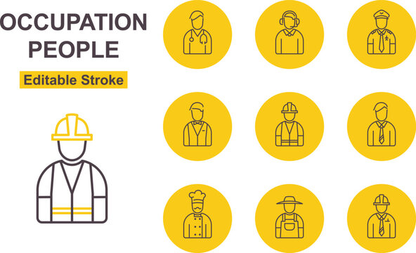 Various Types Of Occupation People Thin Line Art Icon Set. Editable Stroke. Icon Includes Such As: Male Doctor, IT Support Technician, Pilot, Waiter, Construction Worker.