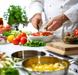 Chef preparing food  meal  in the kitchen, chef cooking in kitchen , Chef decorating dish  closeup