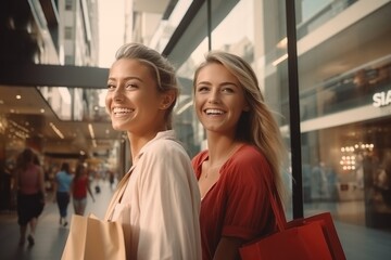 Two happy young women looking at store window while holding shopping bags near shopping mall