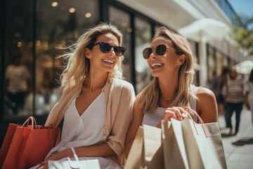 Two happy young women looking at store window while holding shopping bags near shopping mall