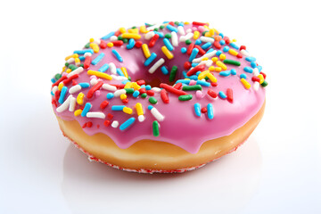 donut with pink icing and sprinkles on white background