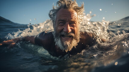 Illustration of a happy senior man swimming in the sea on a sunny day. AI generated Illustration