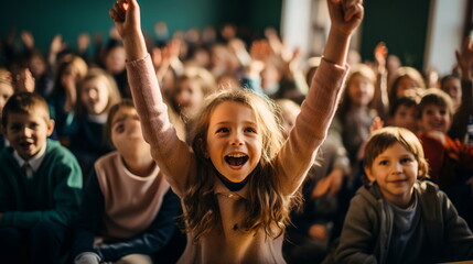 Cute little girl raising her hands and smiling while sitting in the auditorium