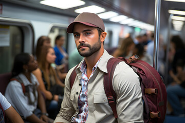 A man with trimmed beard wearing beige shirt and cap, standing in a local train with backbag surrouned by co-passengers.