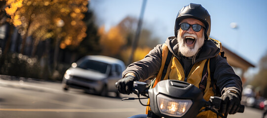 Old man with white beard wearing jacket joyfully riding bike on the road.