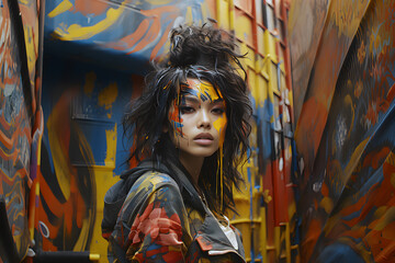 Asian woman wall artist with messy hair, paint stain on her face and jacket, standing in a street surrounded by colorful  art walls.