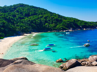 Scenic sea vista with sparkling azure waters from the top of Sailing rock cliff in Similan Islands, Andaman Sea off Phuket, Thailand - obrazy, fototapety, plakaty