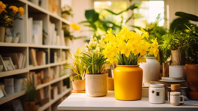 Yellow daffodils in a yellow vase on a shelf in a flower shop