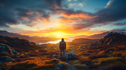 Obraz premium Man standing on a rock looking at the sunset in the mountains.