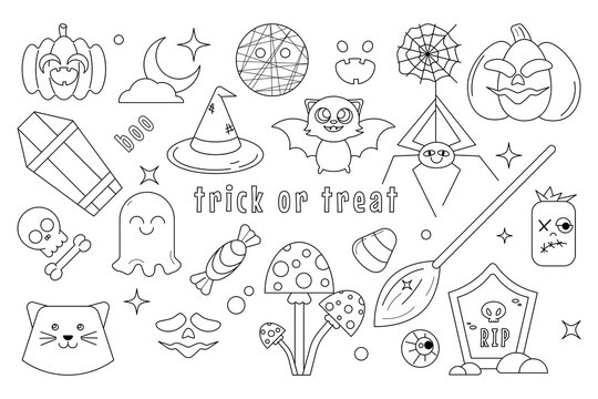 Trick or Treat coloring page. Halloween colouring page for kids in cartoon doodle style. Cute spooky pumpkin, ghost, mummy, bat, cat, spider on web. Vector illustration