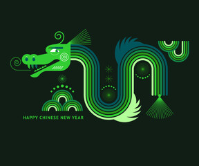 Chinese Happy New Year 2024. Year of the Dragon. Symbol of New Year. Green dragon in geometric flat modern style on a black background