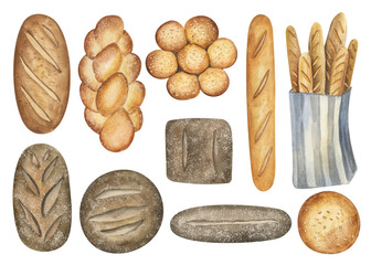 Bakery products watercolor set. Various types of bread and pastries. Clipart elements on white background