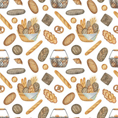 Watercolor seamless pattern with bread and pastry elements, . Egg basket, bread basket, baguette, loaf, croissant. Background for wrapping paper, homemade recipe book, bakery