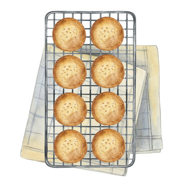 Broish the buns on the oven grate and a napkin. Fresh home baking. Watercolor illustration on a white background. Illustration for menu, cafe, restaurants, recipe book home