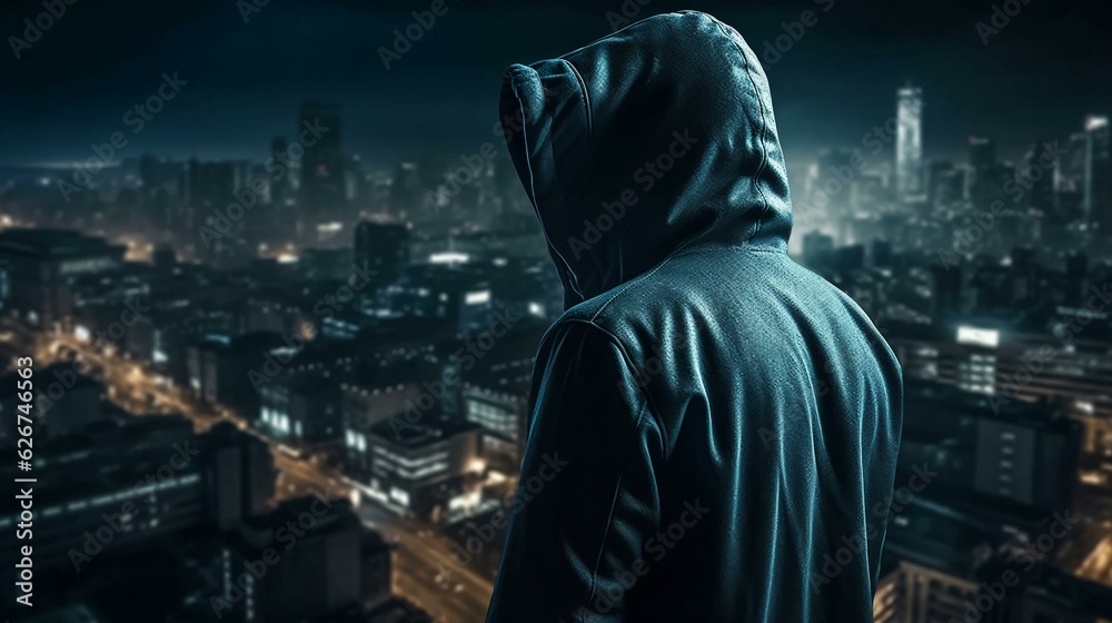 Wall mural hacker computer cybercriminal criminal with a jacket and a hood on the background of a big city at n