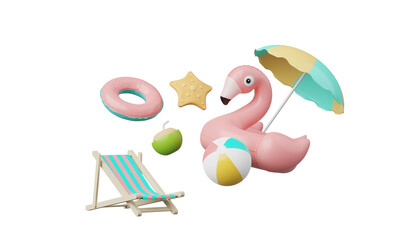 3D render Summer vacation, beach and sea icon elements objects group, holidays background concept, Realistic Display for Product mock-up with summer theme. minimal cute design.