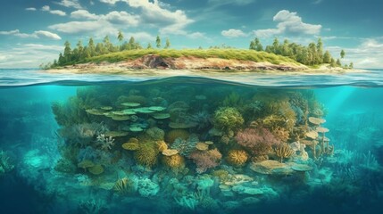View of a paradise tropical island and corals with algae half from under the water and from the horizon line. AI generated