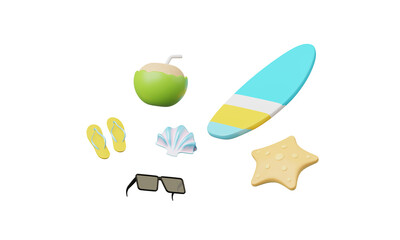 3D render Summer vacation, beach and sea icon elements objects group, holidays background concept, Realistic Display for Product mock-up with summer theme. minimal cute design.