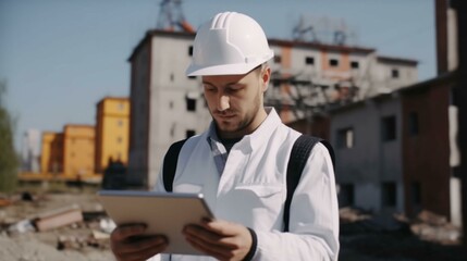 An engineer at a construction site in a white helmet with a tablet in his hands checks the work of the staff on the background of the construction site. AI generated