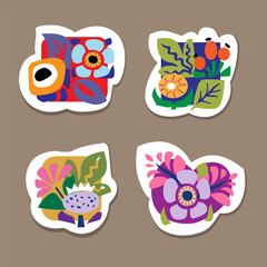 Cute set hand-drawn stickers with floral decor