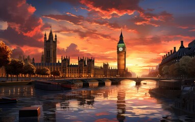 Vintage big ben and houses in the sunset background. - obrazy, fototapety, plakaty