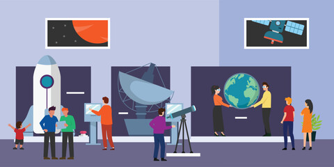 Visitors men and women in astronomy museum on excursion 2d vector illustration concept for banner, website, illustration, landing page, flyer, etc