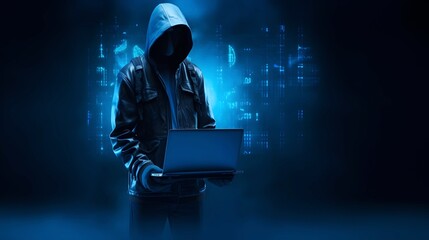Anonymous hacker with laptop. Concept of dark web, cybercrime, cyberattack, etc - obrazy, fototapety, plakaty
