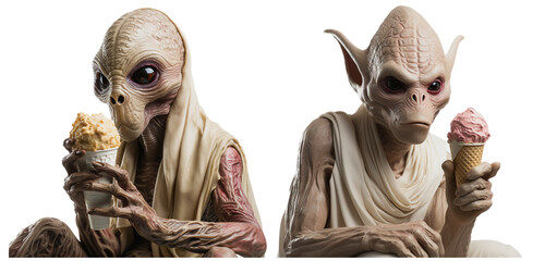 illustration of aliens eating a nice ice cream on a transparent background, Generative AI