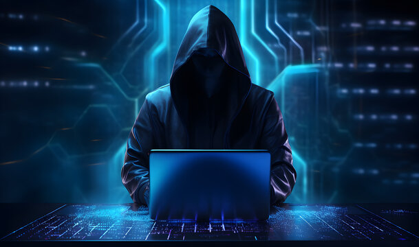 Anonymous hacker with laptop. Concept of dark web, cybercrime, cyberattack, etc