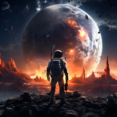 Spaceman or astronaut on the planet being destroyed.