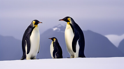 Fototapeta na wymiar Parent and baby penguin. Parents love, bond and parenting concept.