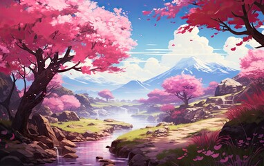 Obraz na płótnie Canvas Snow mountains landscape with cherry blossoms.