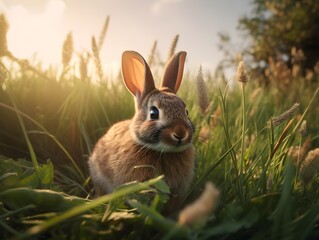 Fototapeta premium Sanfter Blick: Ein Hase in seiner friedlichen Wiesenumgebung