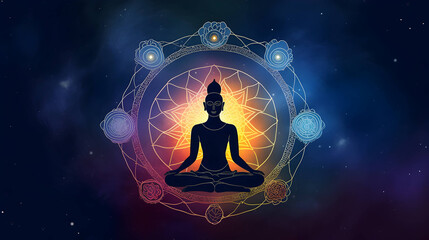 Title: Cosmic Buddha Chakra Meditation Message banner - lotus position seated buddha with the seven chakras laid over against a wide dark blue night sky. Spiritual self - healing - obrazy, fototapety, plakaty
