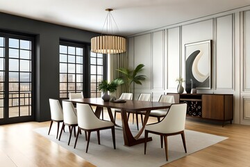 The spacious dining room is bright with a large wooden table