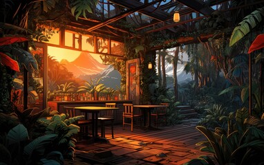 Obraz na płótnie Canvas A wooden design cafe in the sunset jungle. 
