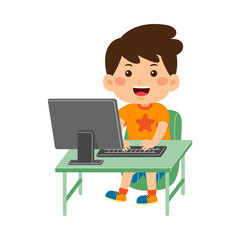 cute little kid boy use computer