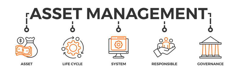 Asset management banner web icon vector illustration concept with icon of asset, life cycle, system, responsible and governance - obrazy, fototapety, plakaty