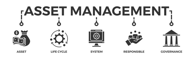 Asset management banner web icon vector illustration concept with icon of asset, life cycle, system, responsible and governance