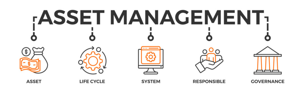 Asset management banner web icon vector illustration concept with icon of asset, life cycle, system, responsible and governance