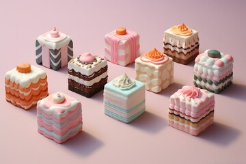 A delicious display food cake pattern of pastel-hued cakes, intricately decorated with isometric patterns and topped with sweet icing, invites viewers to indulge in the joyful sweetness of dessert