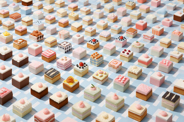 Obraz premium A delightful food cake pattern of pastel-hued, isometric square cakes creates a stunning pattern of sweetness and confectionery perfection, sure to tantalize any snack lover's taste buds